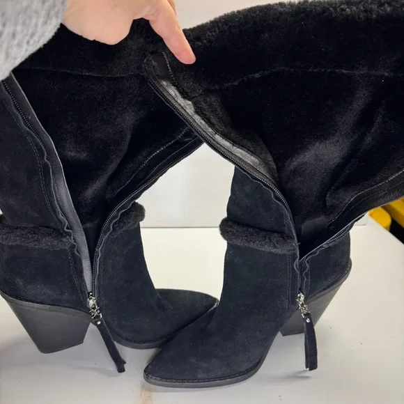 Sam Edelman womens 6.5 mid calf heeled suede, faux fur trim black boots - Picture 3 of 8